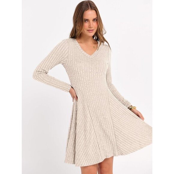Women's Long Sleeve Ribbed Knit Short Dresses V Neck Swing Sweater Dress Beige - Picture 3 of 7